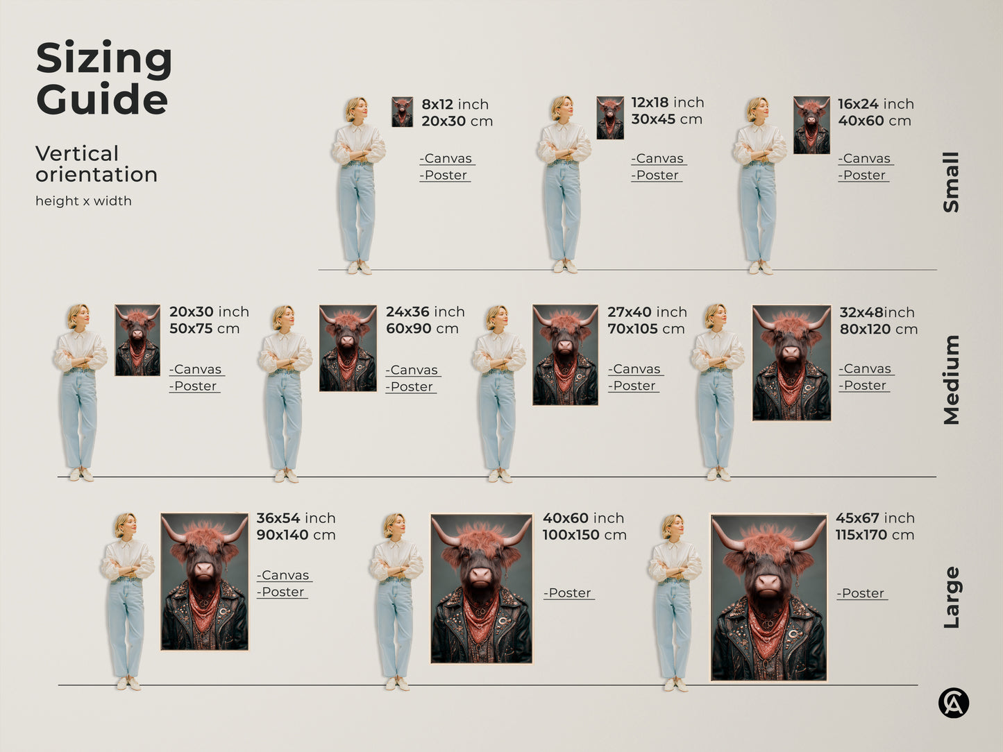 Sizing guide showcasing this biker jacket cow print in vertical orientations. Visualize different sizes on canvas and poster to find the perfect fit for your space. A great way to display this animal biker art.