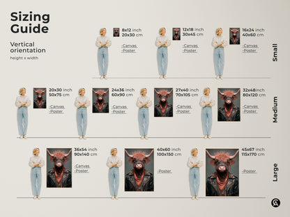 Sizing guide showcasing this biker jacket cow print in vertical orientations. Visualize different sizes on canvas and poster to find the perfect fit for your space. A great way to display this animal biker art.