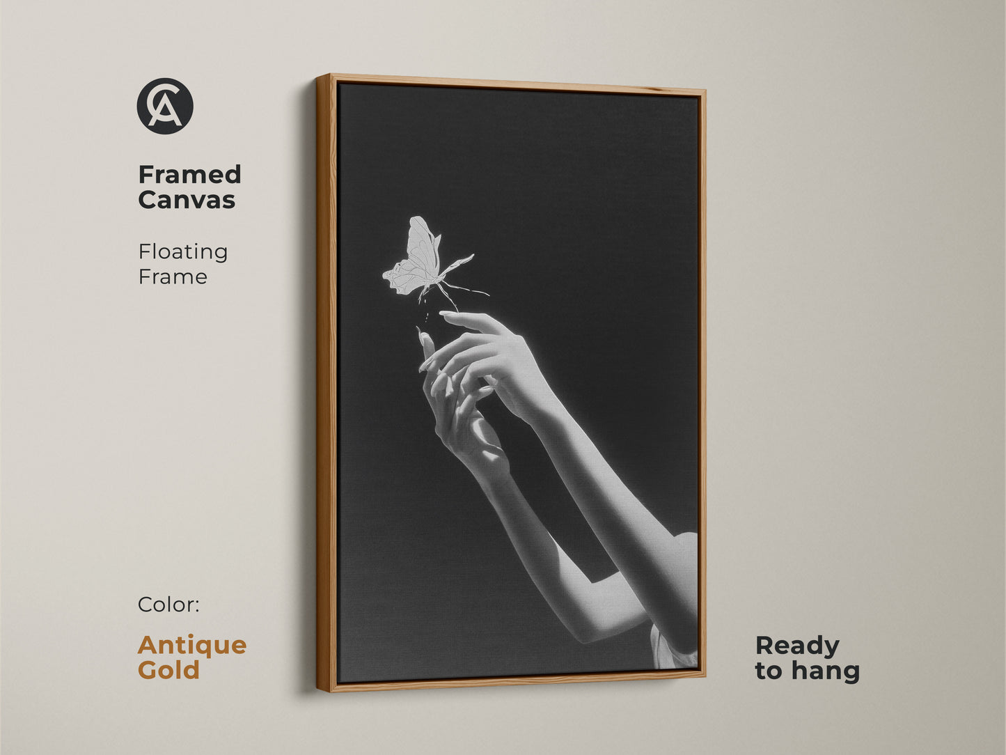 Framed monochrome insect art featuring surreal hands reaching for a butterfly. This minimalist black and white art is ready to hang. The antique gold frame offers an elegant touch. This fine art canvas print is a perfect gift for artists. It is ideal for a bedroom or any modern space.