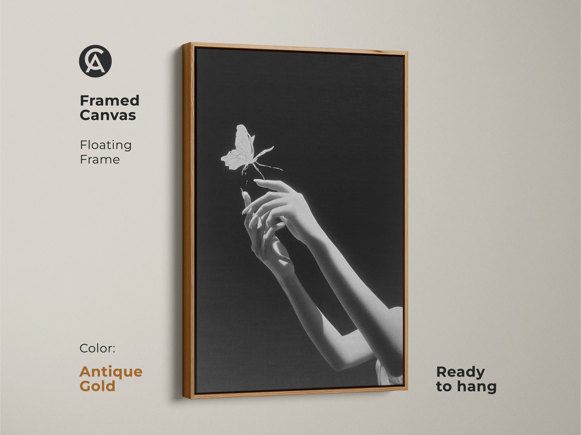 Framed monochrome insect art featuring surreal hands reaching for a butterfly. This minimalist black and white art is ready to hang. The antique gold frame offers an elegant touch. This fine art canvas print is a perfect gift for artists. It is ideal for a bedroom or any modern space.