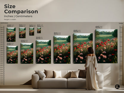 Size comparison of poppy field prints in inches and centimeters. See how the artwork looks above a sofa to gauge the ideal size for your living space. Available in various dimensions to suit your boho home decor needs.