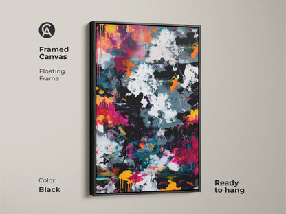 Framed canvas print of abstract art with a sleek black floating frame. Ready to hang and adds a touch of sophistication to any room. This piece showcases bold colors and dynamic composition. A perfect statement for modern art enthusiasts.