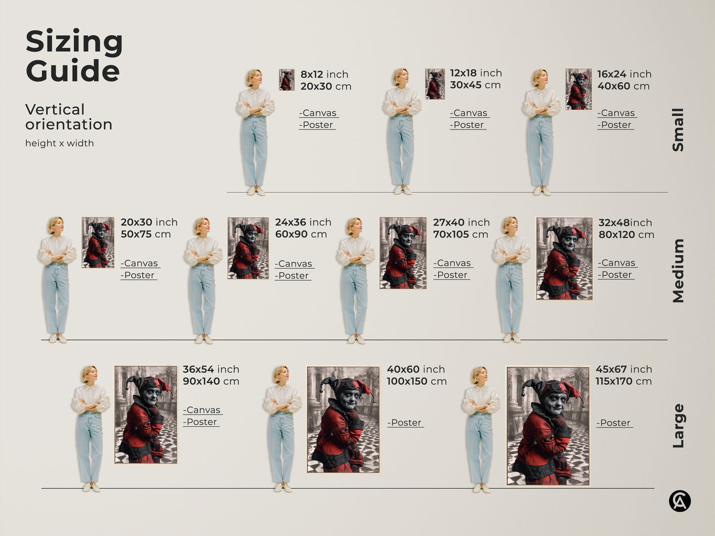 Sizing guide with various size and orientation for poster and canvas prints. Perfect for home or office display. Gothic jester art print options include various sizes and orientations for canvas and poster prints.