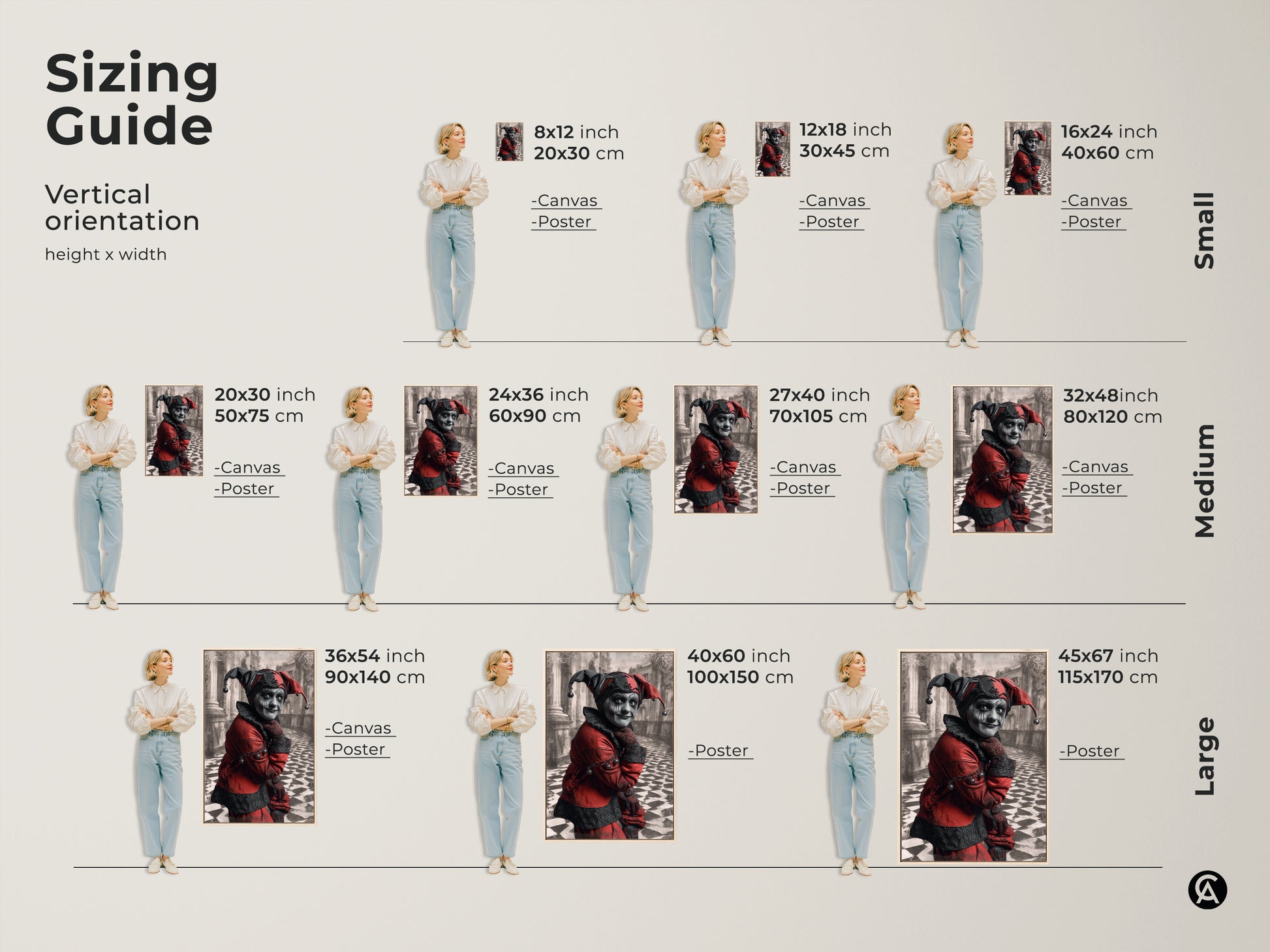 Sizing guide with various size and orientation for poster and canvas prints. Perfect for home or office display. Gothic jester art print options include various sizes and orientations for canvas and poster prints.