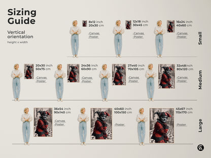 Sizing guide with various size and orientation for poster and canvas prints. Perfect for home or office display. Gothic jester art print options include various sizes and orientations for canvas and poster prints.