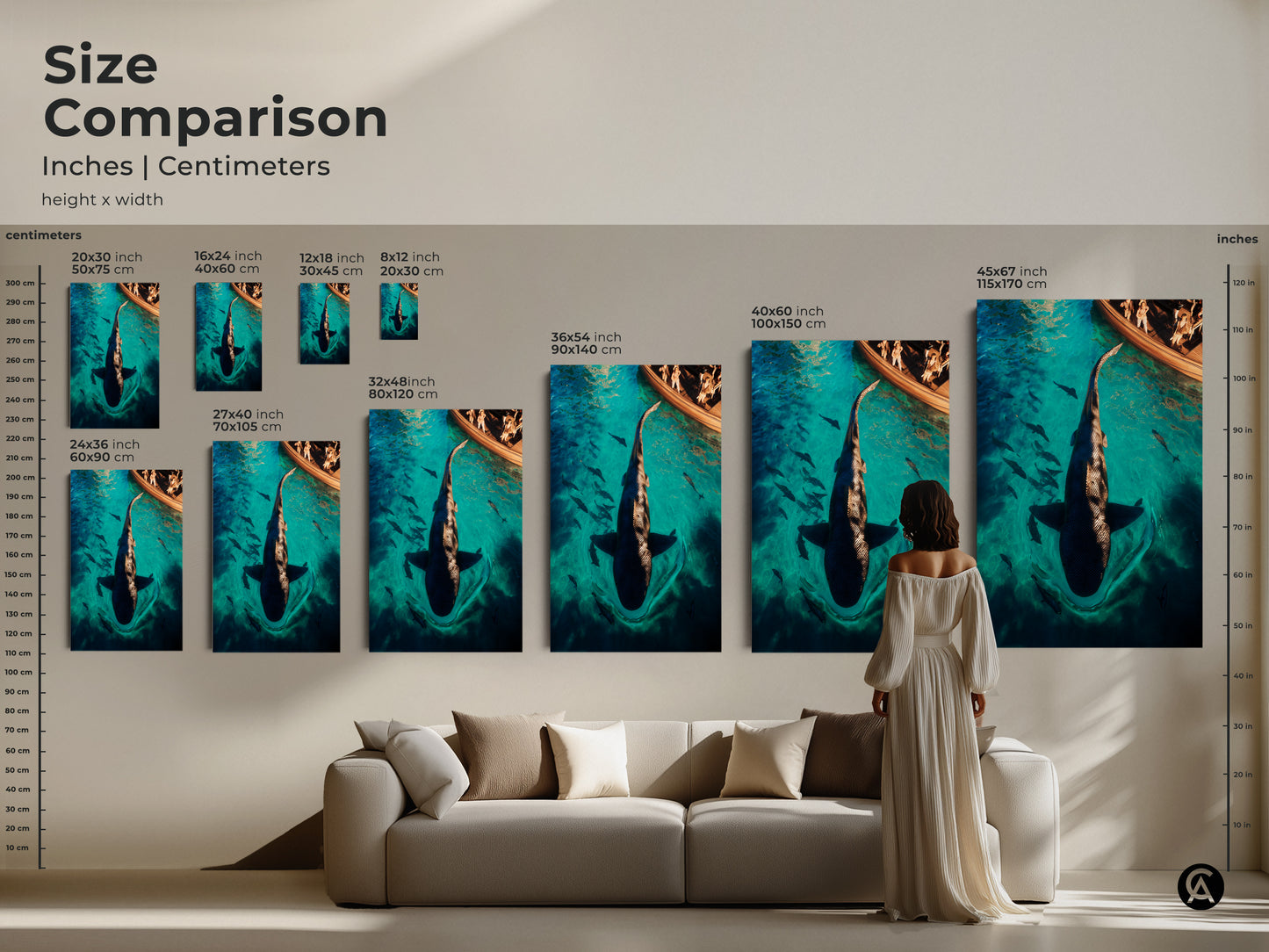 Size Comparison for Ocean Adventure Canvas Art. See the artwork in various sizes inches and centimeters. Perfect for visualizing how it fits in your living room. The surreal shark artwork adds a captivating element to your home decor. Find the ideal size for your space.