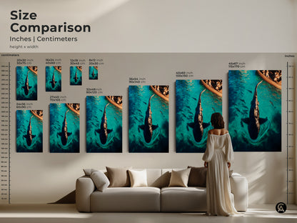 Size Comparison for Ocean Adventure Canvas Art. See the artwork in various sizes inches and centimeters. Perfect for visualizing how it fits in your living room. The surreal shark artwork adds a captivating element to your home decor. Find the ideal size for your space.