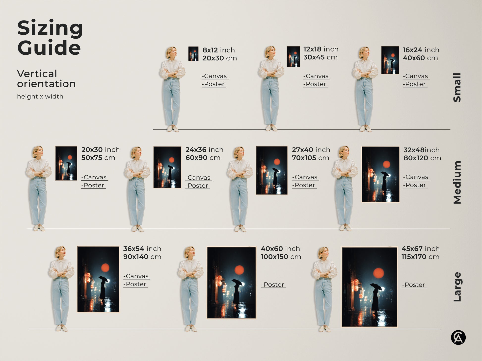 Sizing guide for vertical orientation wall art prints. See how sizes look with a woman. The art shows a rainy urban cityscape with a woman holding an umbrella. Choose small medium and large sizes.