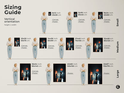 Sizing guide for vertical orientation wall art prints. See how sizes look with a woman. The art shows a rainy urban cityscape with a woman holding an umbrella. Choose small medium and large sizes.