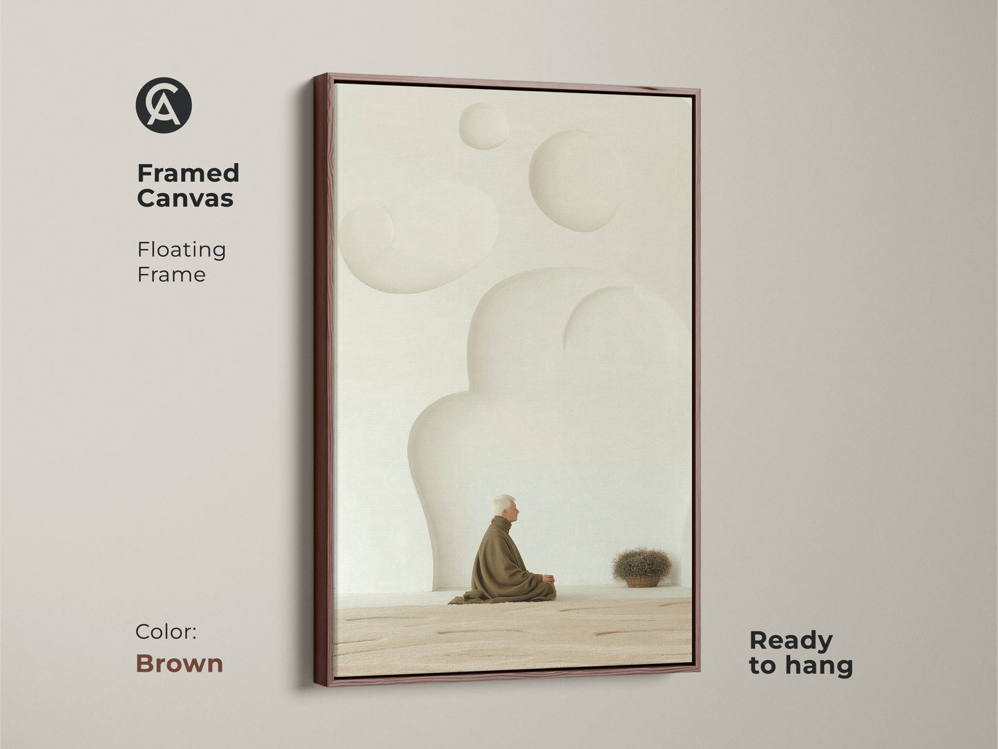 Framed Canvas with a floating brown frame showcasing a Zen elderly man in meditation. Ideal as a housewarming gift it adds a spiritual touch to any space. This minimalist wall decor is ready to hang and is perfect for fans of meditation or spiritual wall hangings.