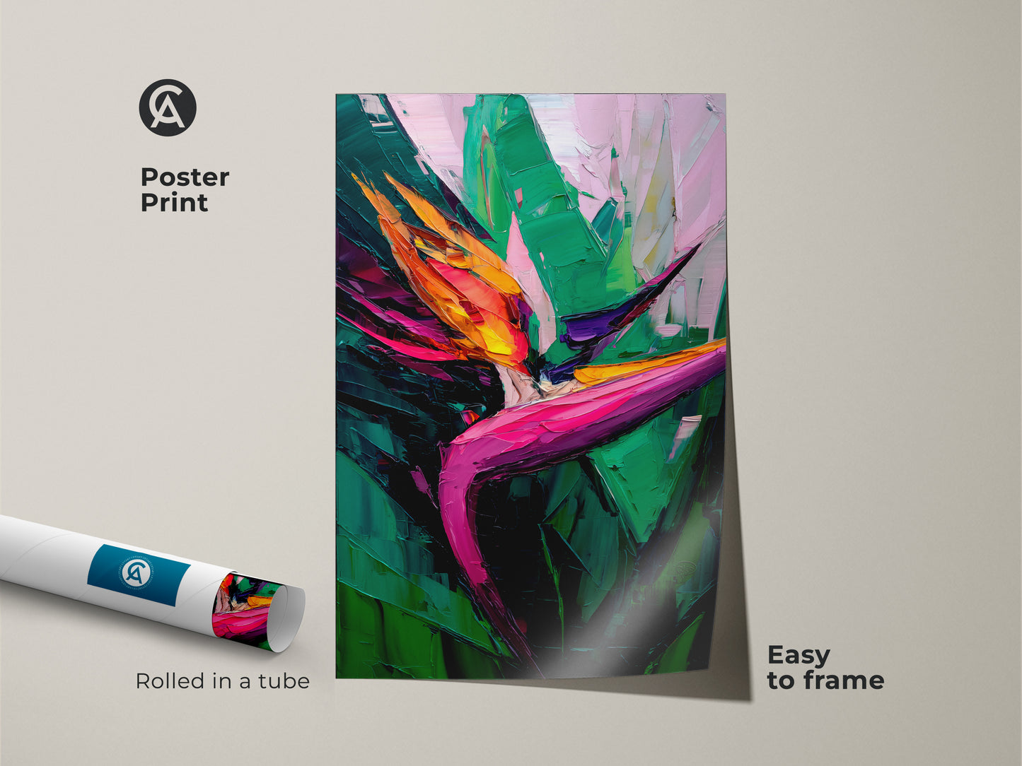 Poster print showcasing a floral painting of a Bird of Paradise. This botanical artwork is easy to frame. It features green orange and pink tones. It's perfect boho bedroom decor art.