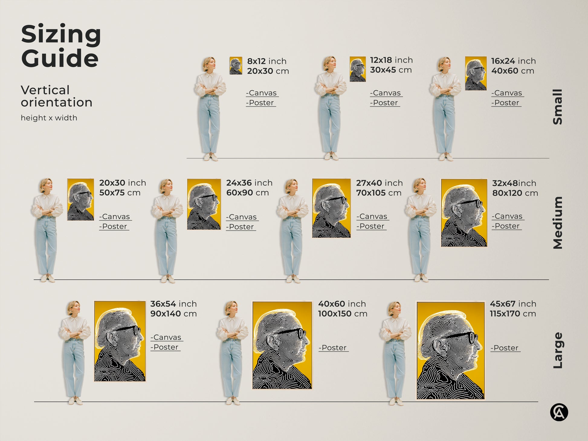 Sizing guide for vertical portrait artwork. Visualize different sizes from small to large. See how the canvas or poster art fits in a room. The line art features a man with glasses on a yellow background. Find the perfect size.