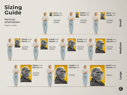 Sizing guide for vertical portrait artwork. Visualize different sizes from small to large. See how the canvas or poster art fits in a room. The line art features a man with glasses on a yellow background. Find the perfect size.