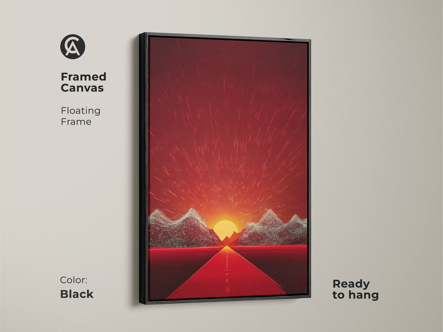 Framed Canvas with a Floating Frame in Black. The retro futurism landscape canvas features abstract mountain road art. The vibrant sunset adds a touch of adventure. It is ready to hang for easy wall art decor.