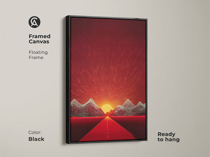 Framed Canvas with a Floating Frame in Black. The retro futurism landscape canvas features abstract mountain road art. The vibrant sunset adds a touch of adventure. It is ready to hang for easy wall art decor.