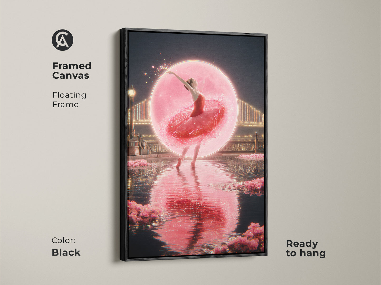 Black framed canvas featuring a fantasy ballet dancer print. This romantic cityscape wall art is ready to hang. Pink ballerina canvas art adds dreamy bedroom decor. Contemporary dance art as a fine art canvas print. A magical ballerina poster.