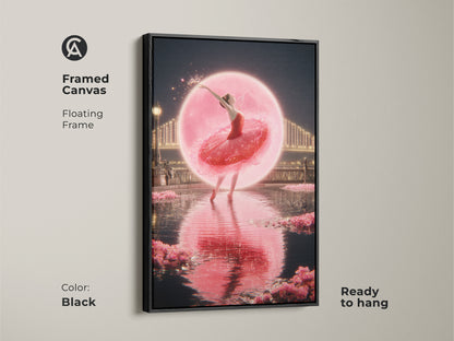 Black framed canvas featuring a fantasy ballet dancer print. This romantic cityscape wall art is ready to hang. Pink ballerina canvas art adds dreamy bedroom decor. Contemporary dance art as a fine art canvas print. A magical ballerina poster.