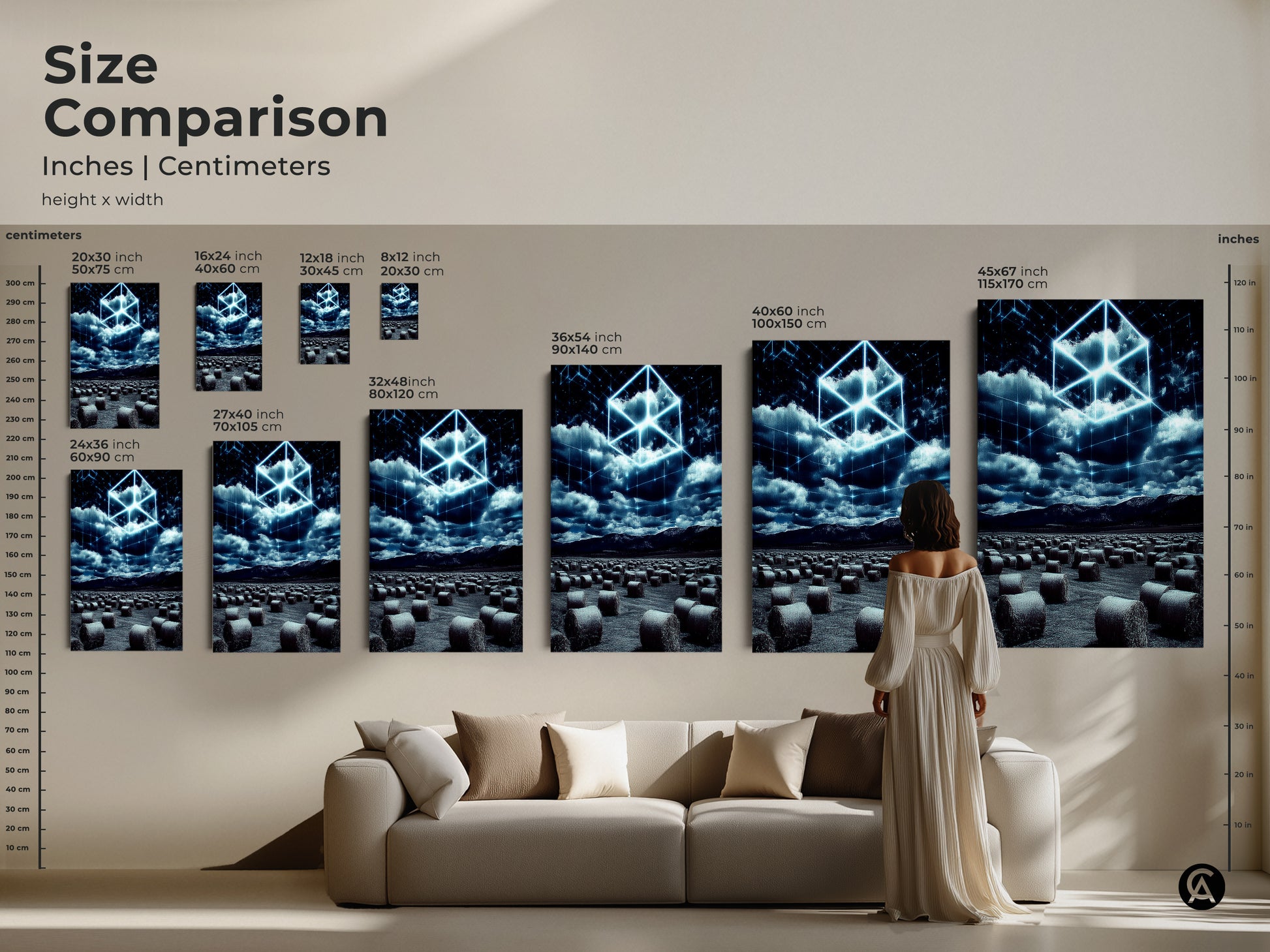 Size Comparison showcasing inches and centimeters. See the Surreal Tech Landscape art in various sizes. The Electric Blue Cube design makes it perfect for any room. Compare sizes to find the ideal contemporary abstract wall art.