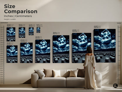 Size Comparison showcasing inches and centimeters. See the Surreal Tech Landscape art in various sizes. The Electric Blue Cube design makes it perfect for any room. Compare sizes to find the ideal contemporary abstract wall art.