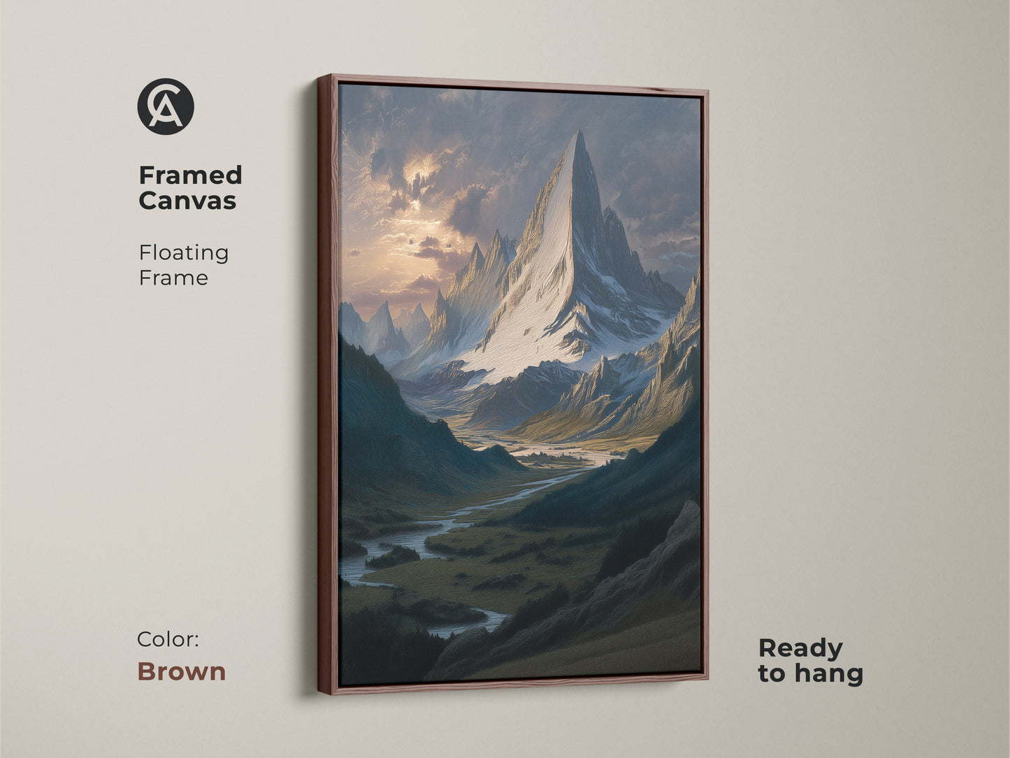 Brown framed canvas of an alpine valley art. It features a floating frame. This traditional artwork shows a serene mountain scene. Ready to hang for bedroom landscape art. It is a classic landscape painting.
