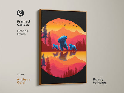 Framed canvas of the Blue Bear Family art. The retro mountain landscape canvas has a floating frame in Antique Gold. It's ready to hang wildlife animal canvas art. Its a unique animal landscape art.