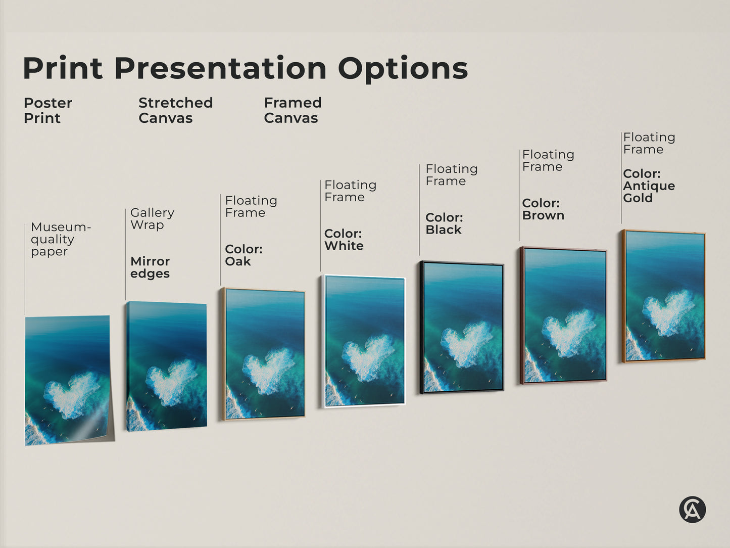 Explore framed and stretched canvas art. Also check out poster print options. See the ocean art with a heart-shaped wave. The wave is surrounded by surfers. Find the perfect print presentation. Choose from various sizes and framing options. Elevate your space today.