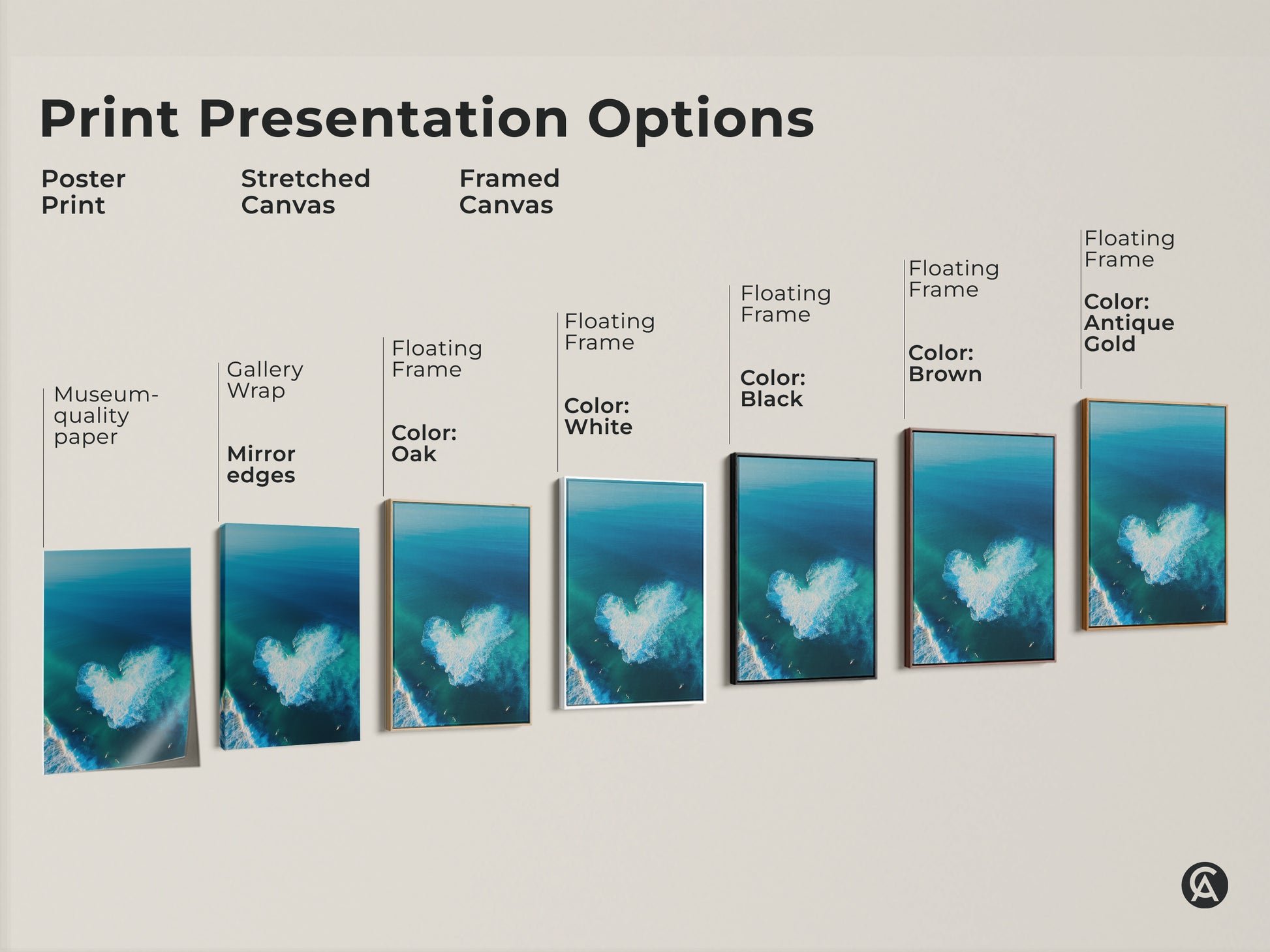 Explore framed and stretched canvas art. Also check out poster print options. See the ocean art with a heart-shaped wave. The wave is surrounded by surfers. Find the perfect print presentation. Choose from various sizes and framing options. Elevate your space today.