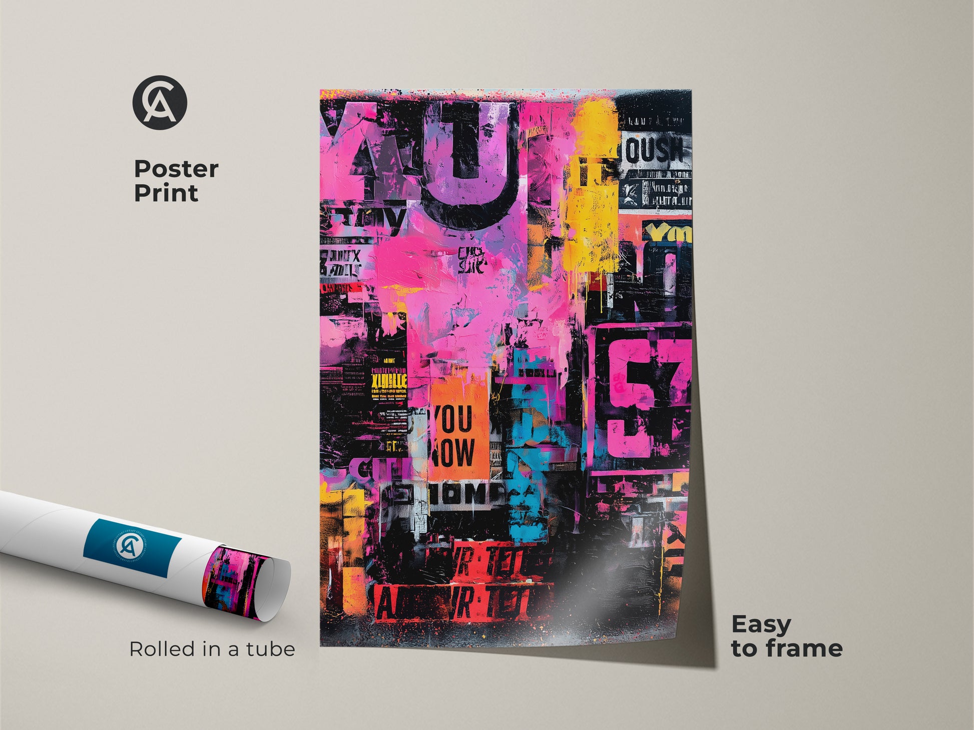 This is a poster print of collage artwork. The artwork is bright with pink yellow and blue colors. It features stenciled words and numbers. This poster is easy to frame. This is museum-quality paper.