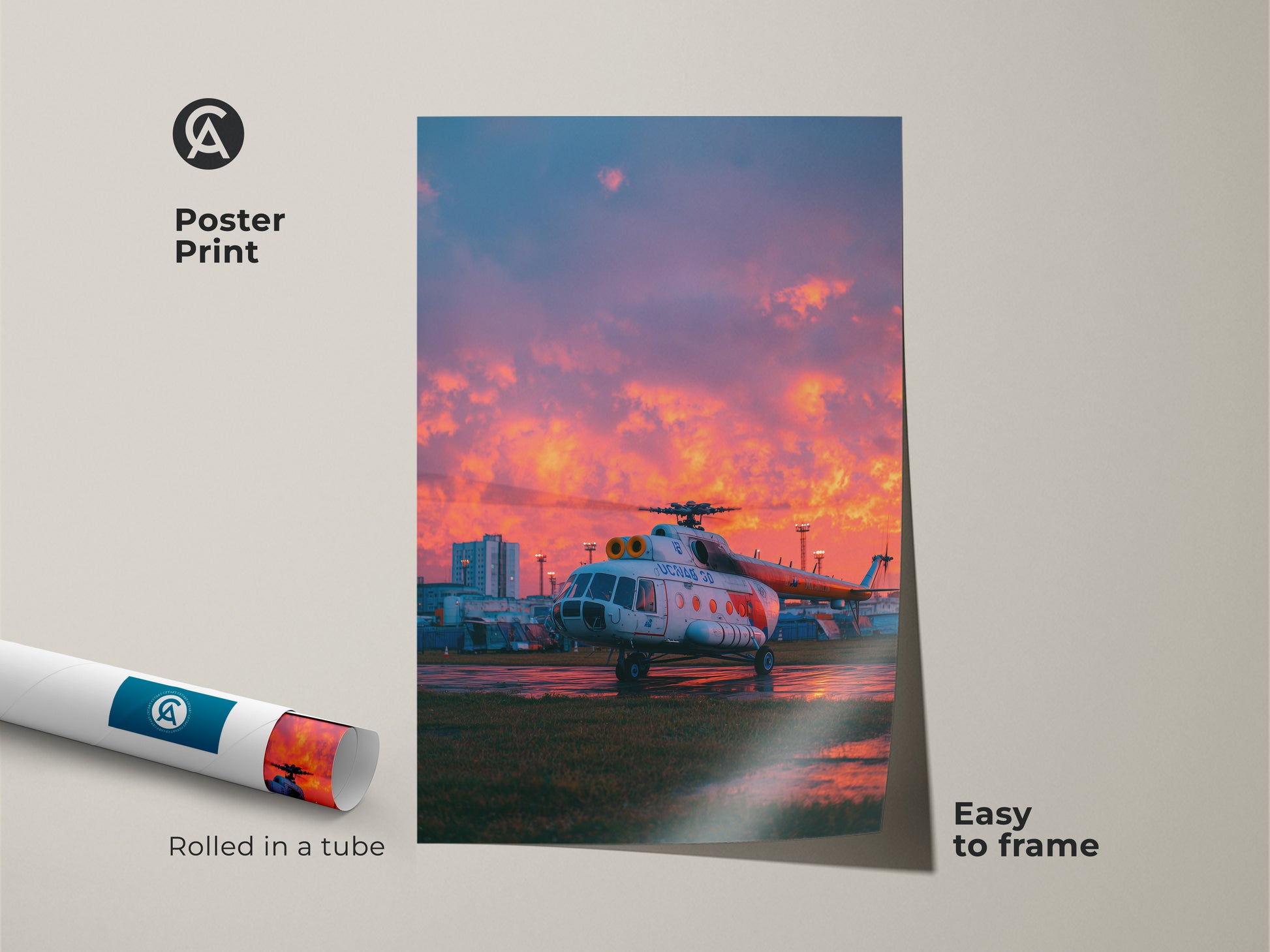 Aviation poster print featuring a helicopter at sunset. Rolled in a tube for protection. This easy-to-frame aviation art is perfect for aviation enthusiasts. It captures the beauty of flight.