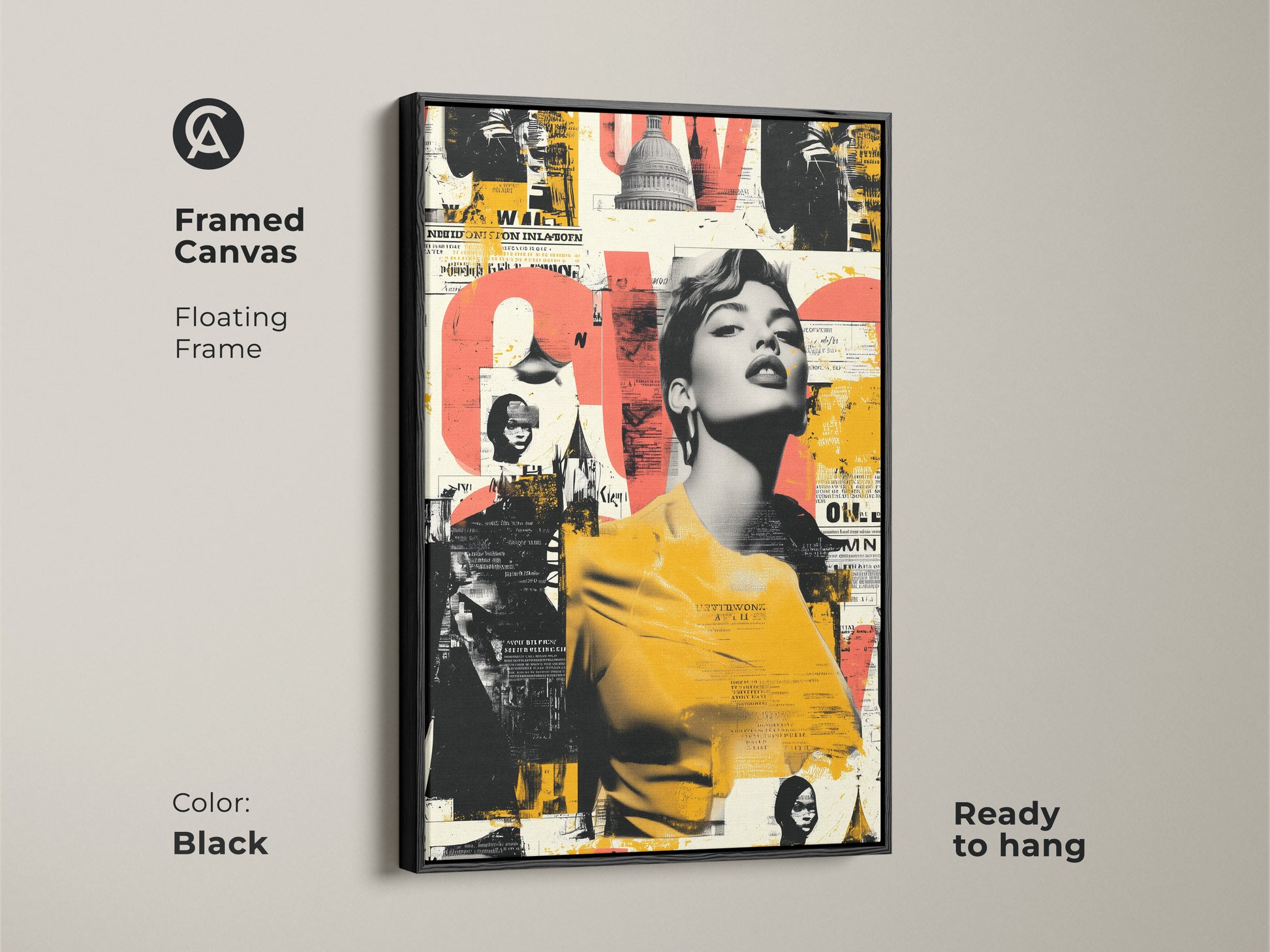 Black framed canvas with a floating frame showcasing a retro woman portrait artwork. The coral black and yellow colors create an eclectic modern aesthetic. Ready to hang this urban style poster print adds a unique touch. Ideal for those appreciating vintage fashion decor.
