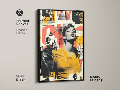 Black framed canvas with a floating frame showcasing a retro woman portrait artwork. The coral black and yellow colors create an eclectic modern aesthetic. Ready to hang this urban style poster print adds a unique touch. Ideal for those appreciating vintage fashion decor.