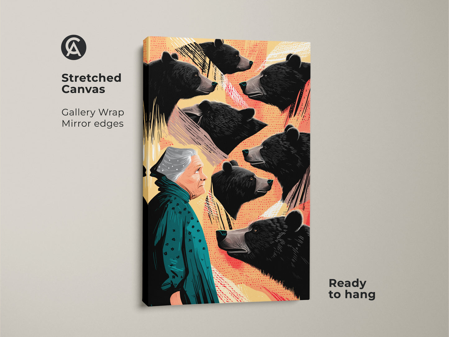 A stretched canvas featuring the surreal woman bear art print. An eclectic animal wall art in black teal and yellow. Ready to hang offering unique bedroom wall decor adds a touch of abstract animal artwork.