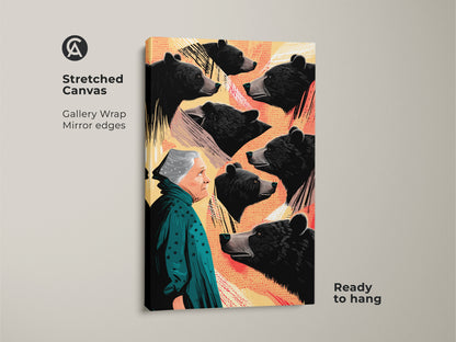 A stretched canvas featuring the surreal woman bear art print. An eclectic animal wall art in black teal and yellow. Ready to hang offering unique bedroom wall decor adds a touch of abstract animal artwork.