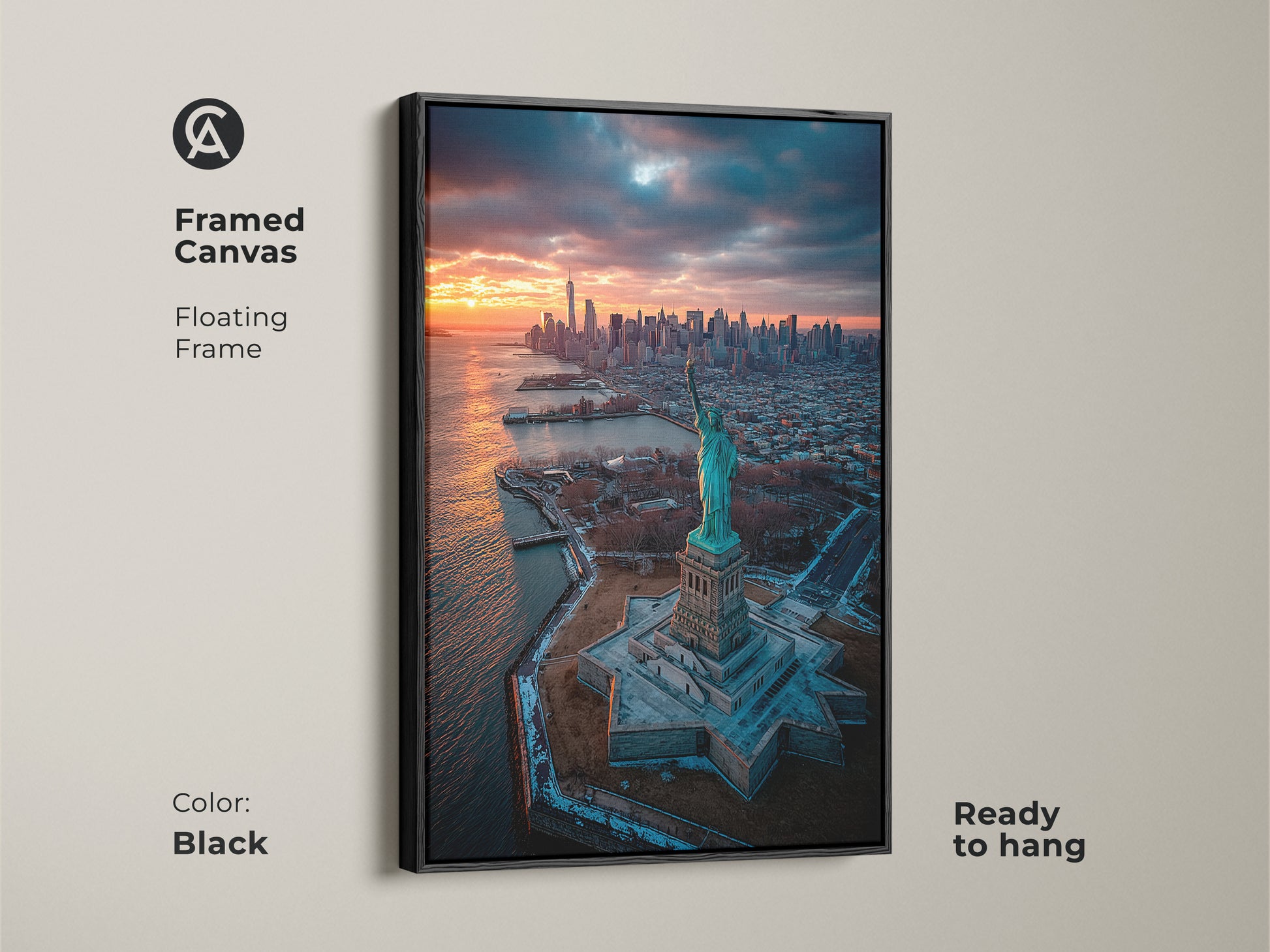 This framed canvas showcases the Statue of Liberty at sunset. The floating frame in black enhances the artwork's presence. Ready to hang this framed piece adds instant sophistication. Perfect for a modern aesthetic.