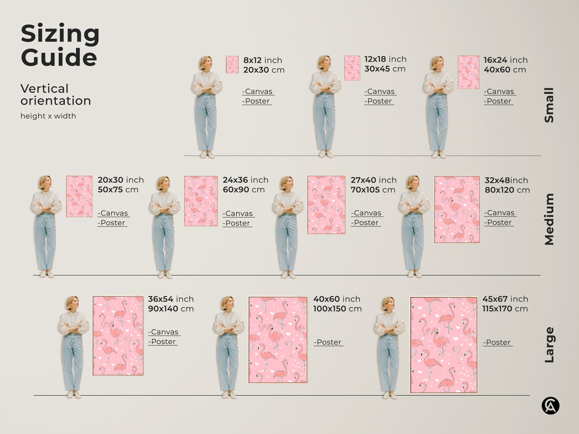 Sizing guide for vertical orientation of the flamingo artwork. Available as canvas or poster in small medium and large sizes. Visualize how the artwork fits in different room settings. Select the perfect size to enhance your space with playful flamingo art.