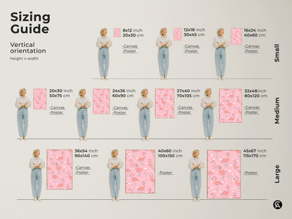 Sizing guide for vertical orientation of the flamingo artwork. Available as canvas or poster in small medium and large sizes. Visualize how the artwork fits in different room settings. Select the perfect size to enhance your space with playful flamingo art.