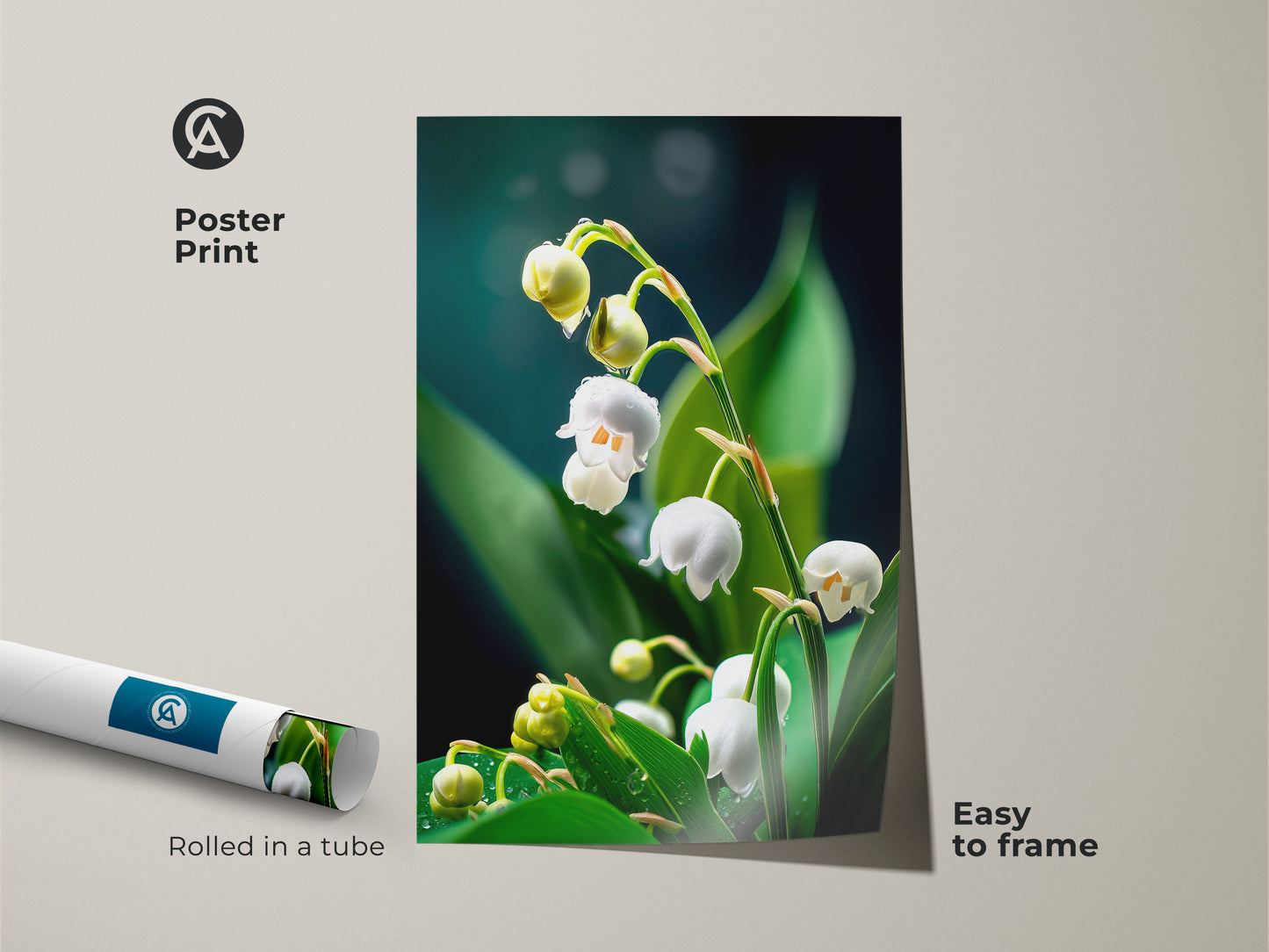 Lily of the Valley art print rolled in a tube. Easy to frame this realistic macro botanical canvas features dewdrops. The Scandinavian style white flower canvas art is perfect spring decor. Enhance your space with nature photography wall art today.