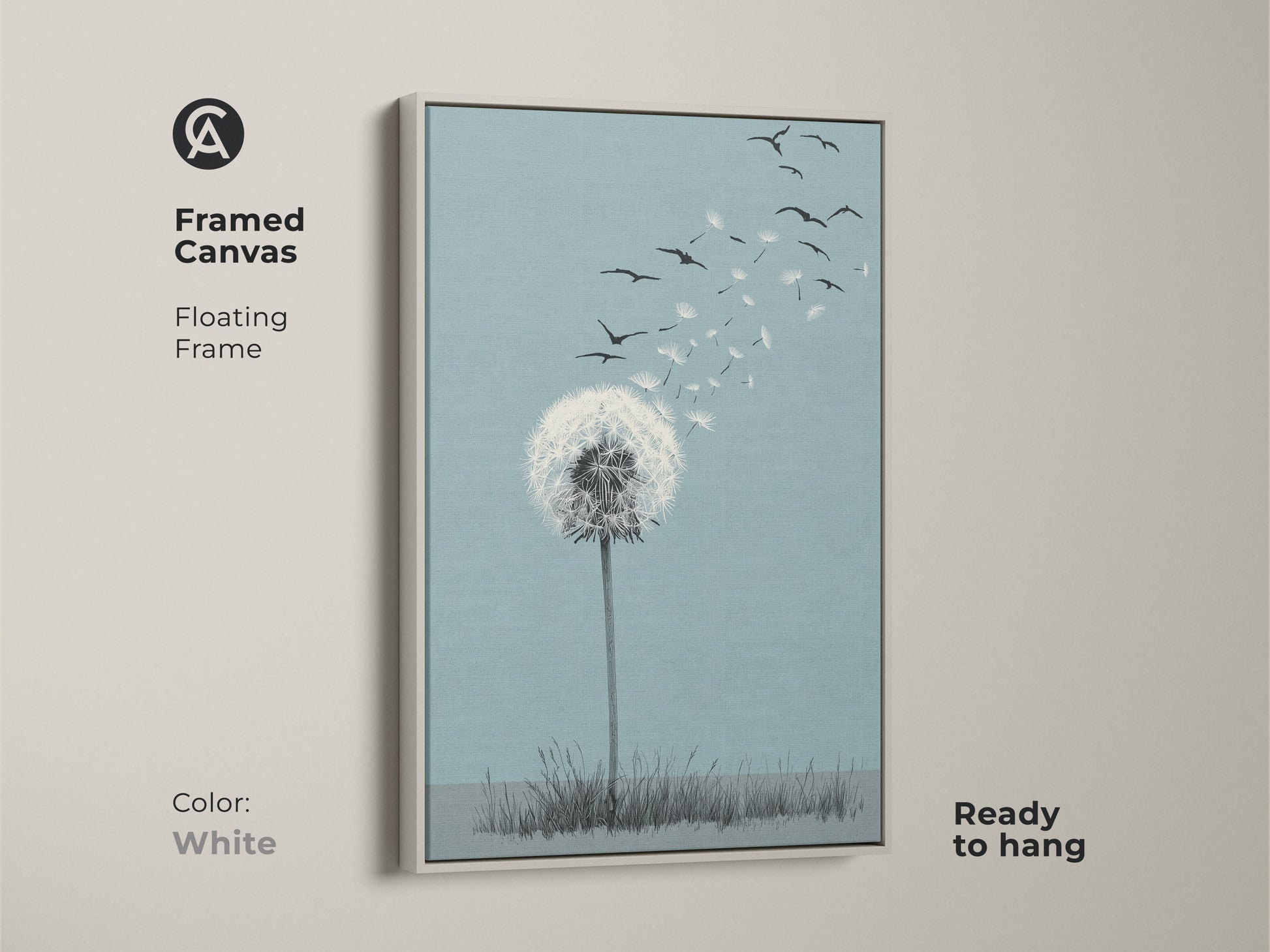 Framed canvas featuring minimalist bird wall art. The dandelion seeds and birds are rendered in sky blue and white decor. This Scandinavian home art comes with a white floating frame. A perfect addition to any room bringing a sense of hope. Ideal as a thoughtful housewarming gift or for anyone who loves fresh starts.