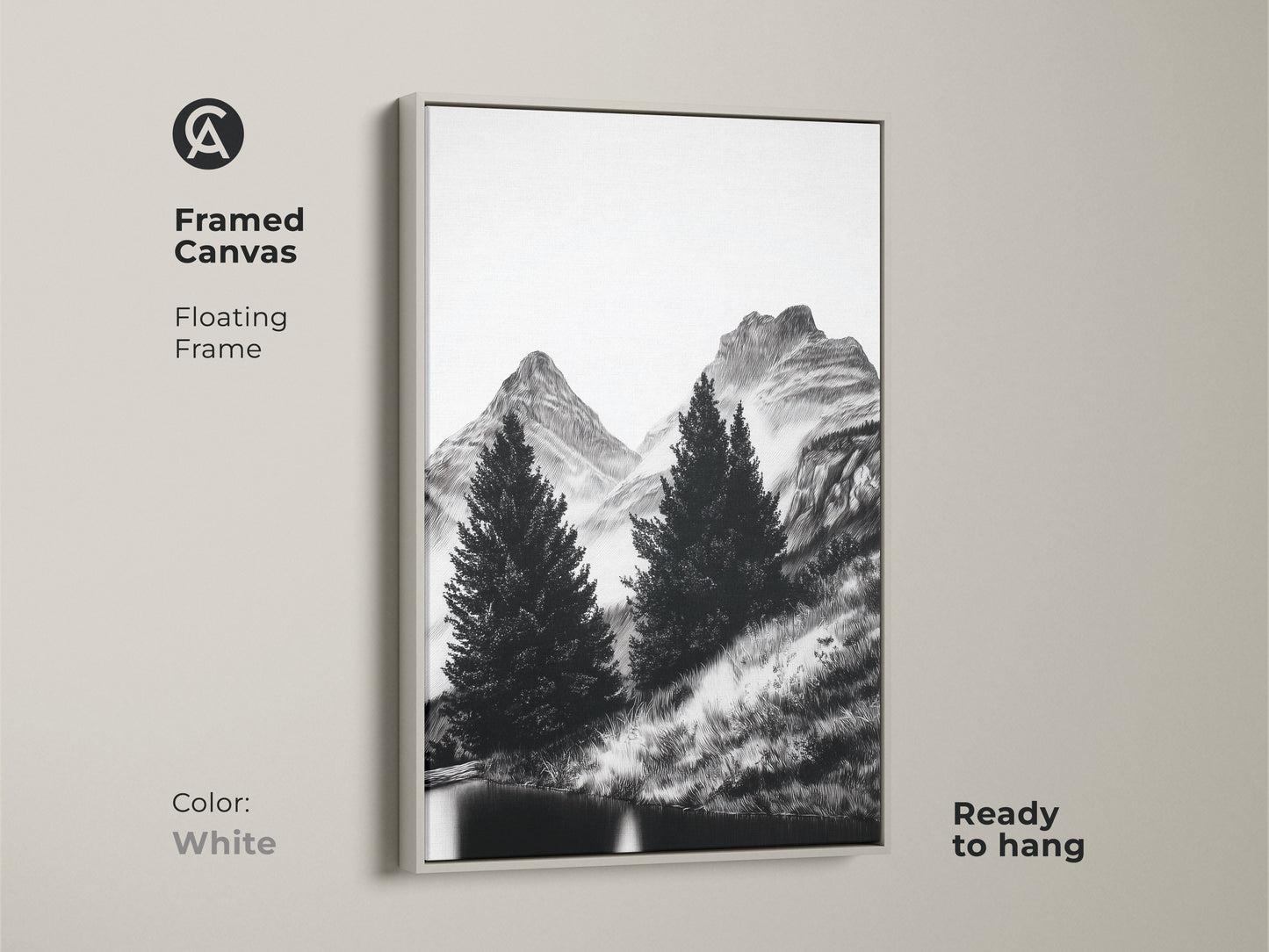 Framed canvas showcasing minimalist mountain art with a white floating frame. This black and white nature artwork captures pine trees and mountains. Ready to hang this serene landscape print will bring a peaceful scenery to any minimalist bedroom or office.