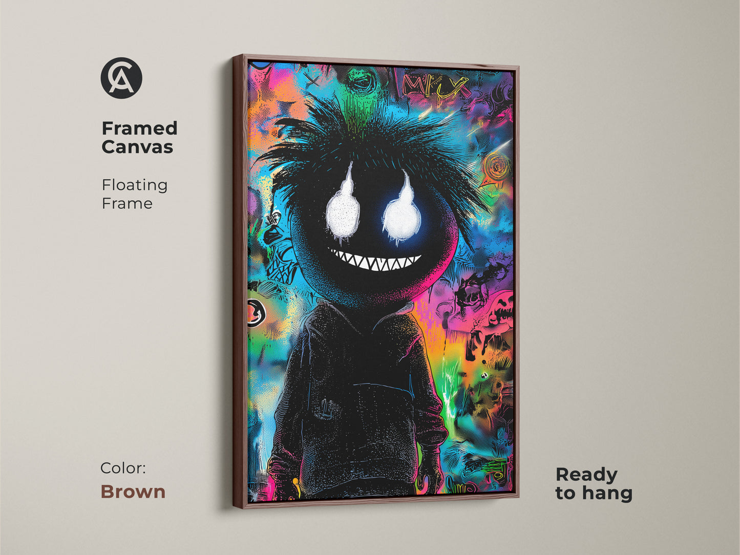 Framed canvas showcasing artwork with a black figure and glowing eyes against a graffiti backdrop. It has a floating brown frame. This ready-to-hang piece is perfect for home decor. The art is displayed in a frame.