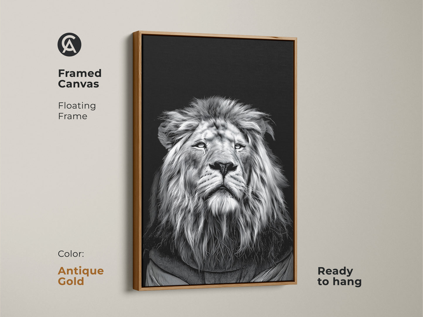 Framed canvas with a floating frame featuring a realistic monochrome lion portrait in antique gold. This black and white lion canvas is ready to hang. Add a touch of modern elegance with this wildlife animal art decor. A great animal lover gift idea for office study or home. High contrast art.