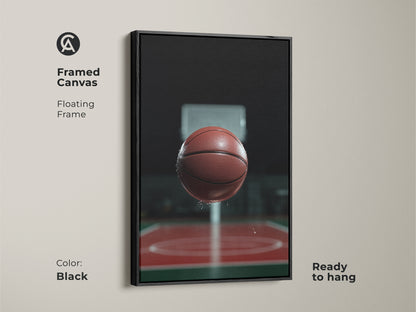 Framed canvas featuring basketball action art. This floating frame is ready to hang. The black frame enhances the dynamic sports canvas. Perfect for a modern man cave or office with a basketball theme. This action shot wall art is a great gift for basketball fans.