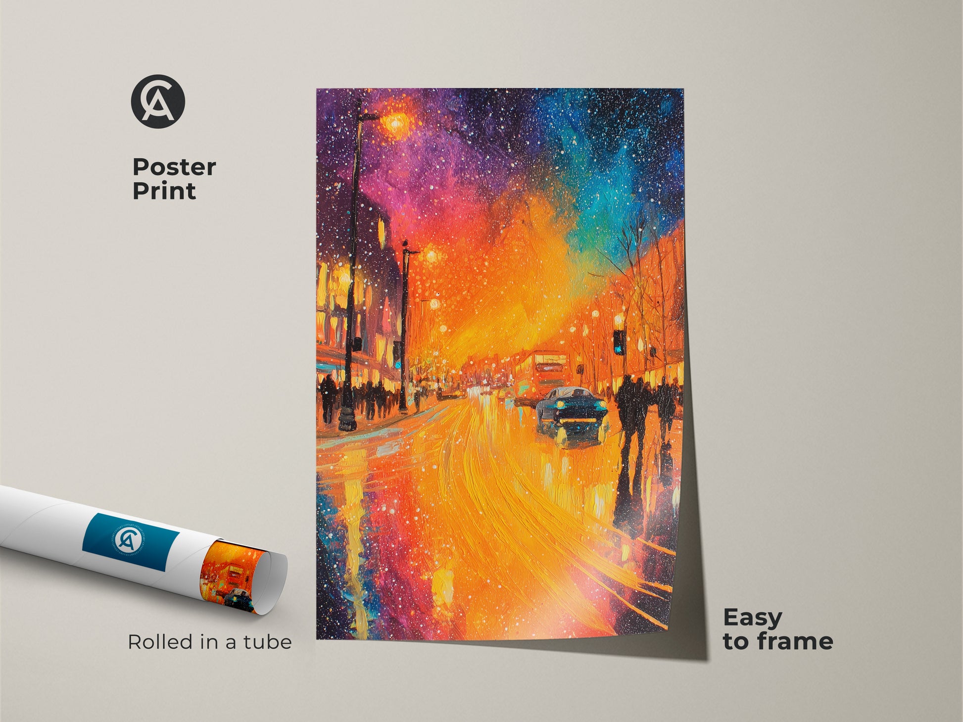 Add a splash of color to your walls with this poster print. This artwork showcases a lively city street at night. Bright lights reflecting on the wet pavement. The artwork is rolled in a tube for easy framing. Bring the energy of the city into your home. Buy this vibrant poster print now.