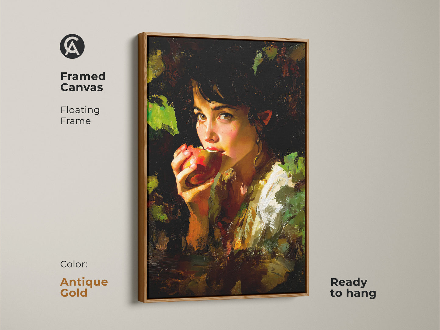 Framed canvas with a floating antique gold frame featuring the Chiaroscuro Apple Girl Art. This ready to hang print adds eclectic charm with earthy tones. The impressionist style and deep reds make it a striking piece. A perfect housewarming gift for art lovers.