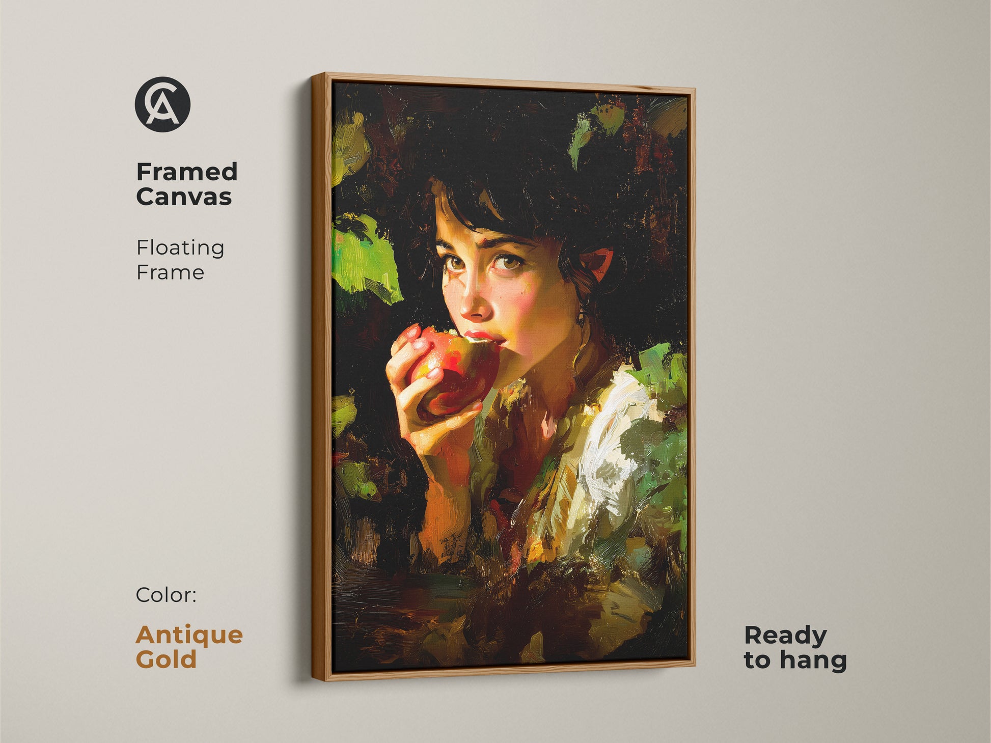 Framed canvas with a floating antique gold frame featuring the Chiaroscuro Apple Girl Art. This ready to hang print adds eclectic charm with earthy tones. The impressionist style and deep reds make it a striking piece. A perfect housewarming gift for art lovers.