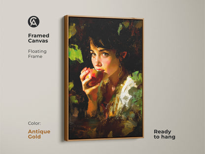 Framed canvas with a floating antique gold frame featuring the Chiaroscuro Apple Girl Art. This ready to hang print adds eclectic charm with earthy tones. The impressionist style and deep reds make it a striking piece. A perfect housewarming gift for art lovers.