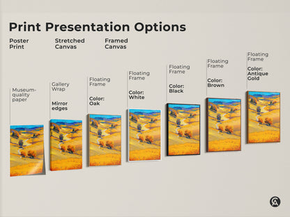 Print Presentation Options featuring the Golden Yellow Landscape Canvas Print in various formats. Options include Poster Print Stretched Canvas and Framed Canvas. Floating frame colors: black brown white oak and antique gold. Each style enhances this autumn nature artwork making it a versatile contemporary home decor gift.
