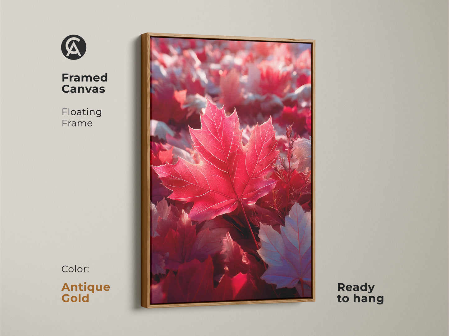 Antique Gold framed canvas art featuring a red maple leaf. The artwork has a floating frame and is ready to hang. It's an elegant piece of wall art for any home decor. This framed print captures the beauty of autumn.