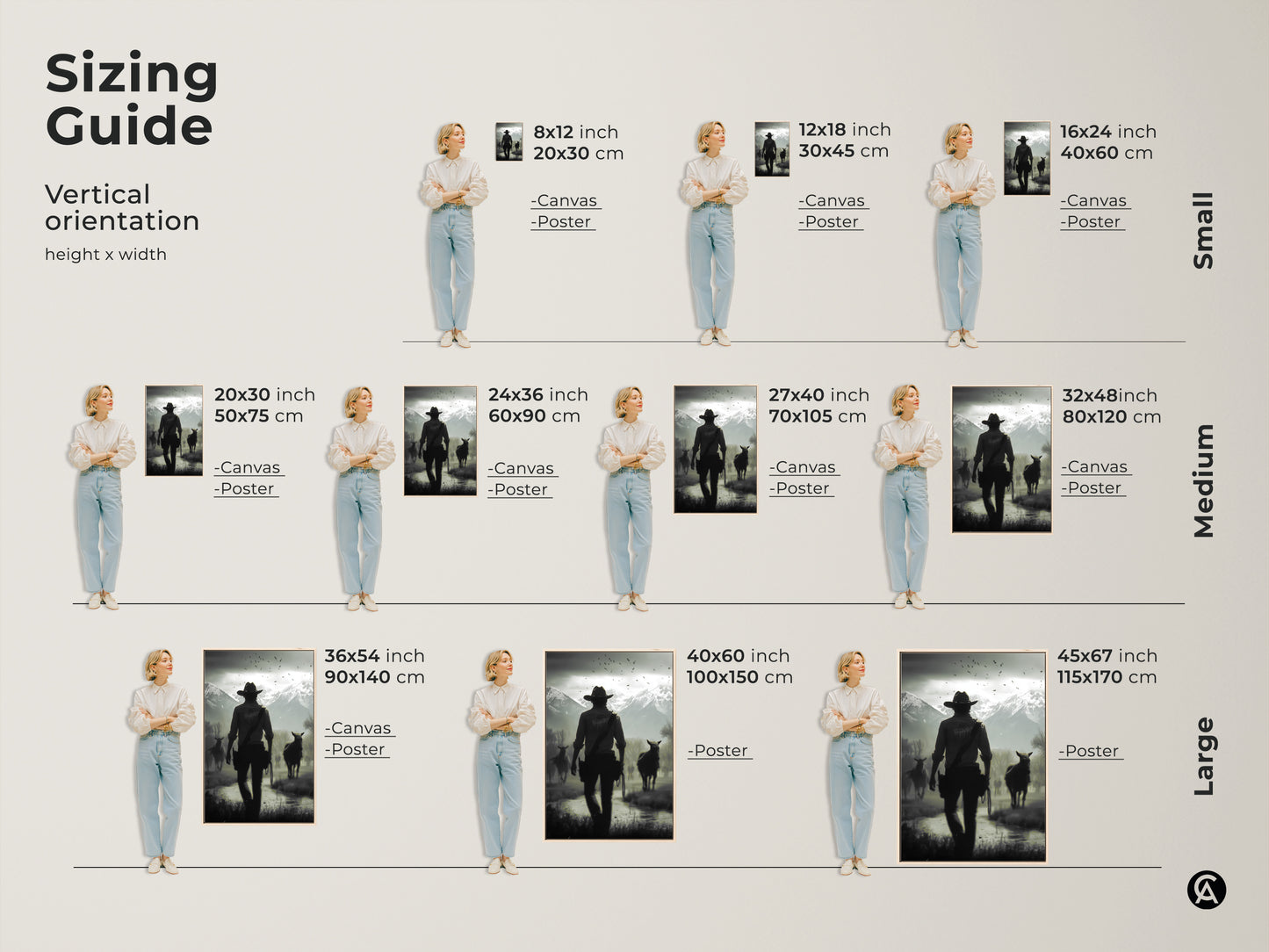 Sizing guide for rustic western landscape canvas and poster prints. Vertical orientation options include small medium and large sizes. Each features a monochrome cowboy and horses. Find the perfect fit for your study room or home office decor. Choose the ideal size to enhance your rustic western art collection.