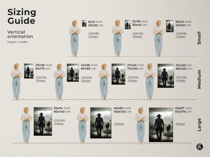 Sizing guide for rustic western landscape canvas and poster prints. Vertical orientation options include small medium and large sizes. Each features a monochrome cowboy and horses. Find the perfect fit for your study room or home office decor. Choose the ideal size to enhance your rustic western art collection.